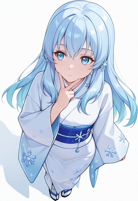 Smooth Quality,masterpiece,very intricate, high quality details, ultra realistic, high detailed skin,detailed enviorement,absurdres,
v over mouth,
 <lora:Yusa_CNR:0.8> yusa_cnr,1girl, blue hair, long hair, bangs, blue eyes,snowflake hair ornament,gradient hair, yusa_cnr_def, japanese clothes, white kimono, yukata, obi, sash, sleeves past wrists, tabi,, expressionless,, simple background, white background, from above,solo,, sailor shirt,  ,crop top, ,apron skirt,  ,