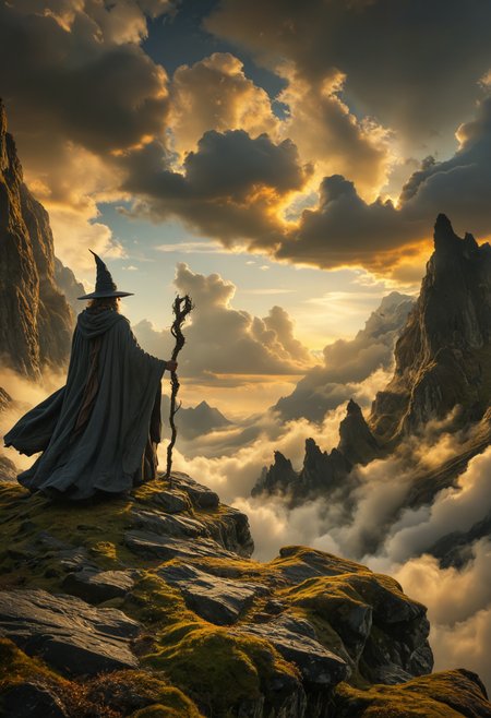 A wise wizard in a billowing slate-grey cloak and pointed hat, stands atop a jagged moss-covered rock precipice, a twisted gnarled staff in hand, with his back to the viewer, gazing into a luminous cloud-filled sky in warm hues of gold amber and soft blue, surrounded by the dark brooding silhouettes of craggy peaks, sense of serene yet powerful solitude, <lora:MJ52:0.3>, <lora:CinematicStyle_v1:0.5>, <lora:add-detail-xl:1>, <lora:volumetric lighting:0.5>