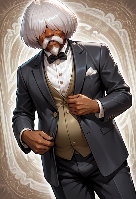 masterpiece, best quality, amazing quality, dutch angle, abstract background, BREAK
1boy, solo, male focus, old man, kof_gentsai, grey hair, hair over eyes, facial hair, dark skin, chubby, tuxedo, formal, bow tie, BREAK
<lora:cfg_scale_boost:.6>  <lora:Chin_Gentsai_-_King_of_Fighters_-_ILXL:1>