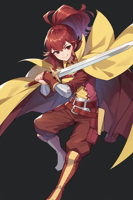 score_9, score_8_up, score_7_up, score_6_up, source_anime BREAK 1girl, solo, <lora:feanna-pdxl-nvwls-v1-000005:1>  <lora:feh-style-richy-v1_pdxl:1> fe13Anna, red hair, ponytail, red and yellow tunic, maroon cape, belt, fingerless gloves, red pants, boots, fehatk, full body, standing, black background, simple background, holding sword, smug, smirk, jumping