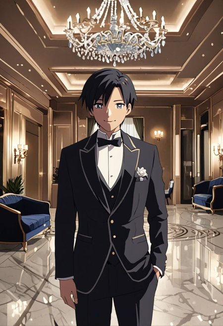 Highres, Masterpiece, High Quality, 4K, 8K, solo, 1Boy, Takaki Toono, adult, black hair, short hair, ballroom, luxury hotel, luxury room, marble floor, crystal chandelier, classic ornaments, tuxedo, smile, musterius, classy, confident, rich, easynegative, detailed_eye_model
