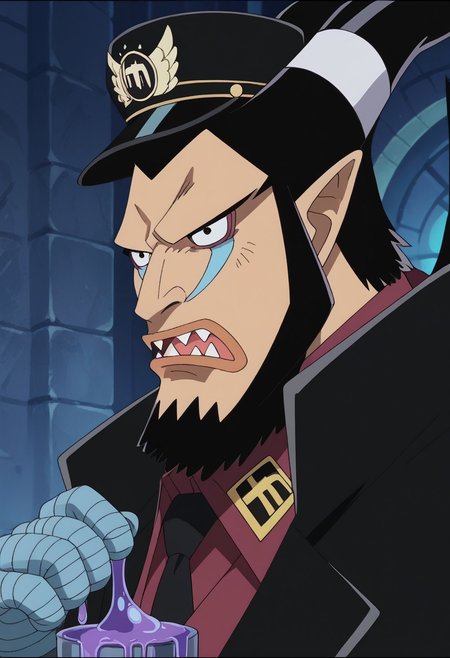 score_9, score_8_up, score_7_up, source_anime, rating_safe, MagellanOP, black_Magellan_hair, black_Magellan_facial hair, black_Magellan_eyes, pointy_Magellan_nose, blue_Magellan_makeup, 1boy, male focus, anime screencap, black_Magellan_cap, black-white_Magellan_horns, black_Magellan_wings, grey_Magellan_bandaged hand, purple_Magellan_liquid,