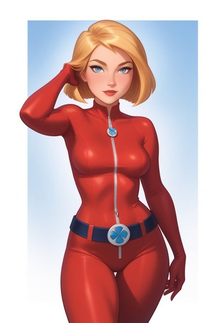 score_9, score_8_up, score_7_up, score_6_up, score_5_up, score_4_up, btimmsketch, cowboy Shot, clover \(totally spies\), blonde hair, short hair, blue eyes, red gloves, red bodysuit, zipper, belt, looking at viewer, standing, pin-up pose, sexy, halftone effect, white borders, abstract background:1.5