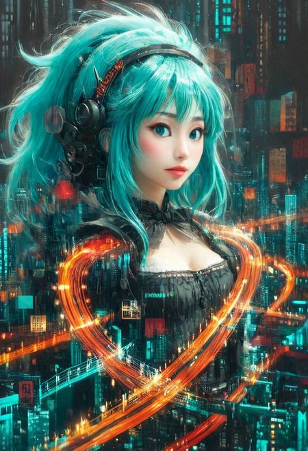 double exposure of opera diva Hatsune Miku with long floating twintails singing high note merging with a printed circuit subtil complex degrade works in electronics chips and circuitery, full of details, positive emotional, masterpiece, fairytale, <lora:DoubleExposure:1>, (head:2), (portrait, close up:1.6), <lora:The Phantom of the Opera style:1.5> The Phantom of the Opera style,  (Hatsune Miku, aqua hair, twintails:1.8), <lora:loraeyesxl:0.4>