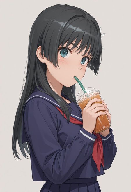 masterpiece,amazing quality,best quality,ultra-detailed, upper body, close portrait, looking at viewer, disposable cup, drinking straw, holding cup, white background,, portrait, blush, upper body, simple background ,
 <lora:Saten Ruiko illu:1> 1girl, long hair, black hair, hair ornament, hair flower, blue eyes, sakugawa school uniform, winter uniform, blue serafuku ,red neckerchief blue sailor collar, blue skirt, blue shirt, long sleeves, long skirt