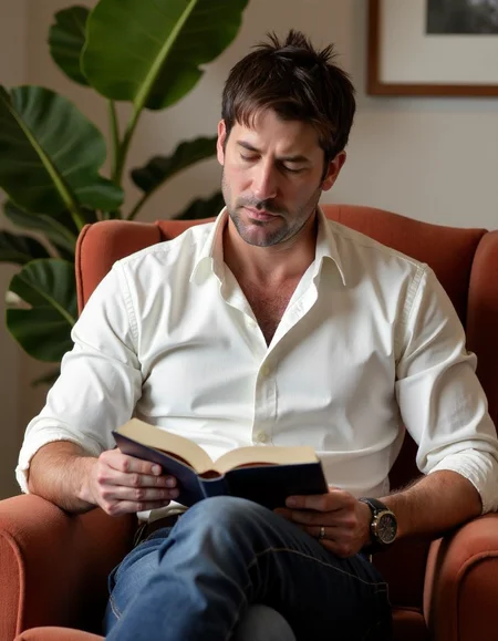 <lora:joe_flanigan:1> joe_flanigan reads a book sitting in a soft chair