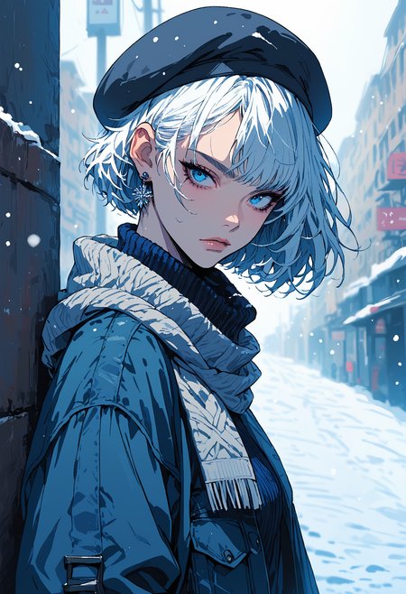 score_9, score_8_up, score_7_up,source_anime,1girl,solo,white hair,short hair,choppy hair,disheveled hair,swept bangs,blue marine eyes,perfecteyes,eyebrows,hair behind ear,earrings,diamond earrings,blue earrings,high neck sweater,dark blue sweater,white scarf,scarf around neck,,beret,belt,fur trim jacket,cargo pants,headtilt,snow storm,snowing,snow,siozick,flat colors,closed mouth,((full body))