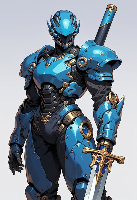 score_9, score_8_up, score_7_up, mechanical armor, solo, robot, standing, simple background, armor, holding sword, shoulder armor, gauntlets, full armor,  Electric Blue and Midnight Blue,
 <lora:ArmorPunkV4:1> arm0rpunkv4,