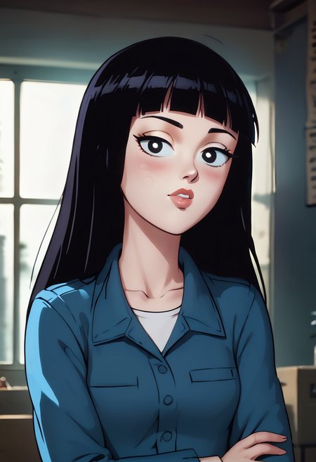 (ultra HD quality details), Detailed illustration, score_9, score_8_up, score_7_up, score_6_up, PRSNL, w_g_f, uncensored , pupils black dots, 1girl, lips,
 future mai, long hair, black hair, bangs, black eyes,
Warm light, indoors,
((Upper body)),