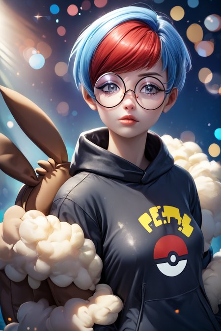 score_9, score_8_up, score_8, medium breasts, (curvy), cute, eyelashes,       ,,, , ,,, zzPenny, grey eyes, glasses, short hair, red hair, blue hair, multicolored hair, round eyewear, two-tone hair,  long sleeves, hood down, black hoodie, backpack, bag, brown bag, pantyhose,   see-through skirt,   <lora:Penny_Pokemon_PDXL:1.0>,  ,,,, BREAK,  (ultra realistic,32k, masterpiece:1.2),(high detailed skin:1.1),( high quality:1.1), head tilt, lips, closed mouth, shiny clothes, (upper body), looking at viewer, bokeh, luminescent background, ,,, embedding:zPDXL, Expressiveh, ,,, <lora:RlAnmPDXL:1.0>,