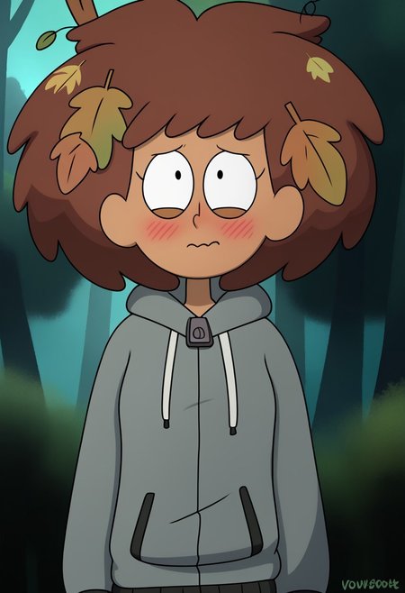 nocunoctstyle, flatcolor, noann, solo, upperbody shot, leaves in hair, grey hoodie, uncomfortable, forest