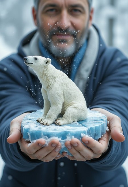 Miniature diorama of a polar bear sitting on an ice floe in the snow, held in the hand of a man, with snow falling above the diorama