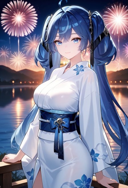 masterpiece, best quality, amazing quality,iuno, blue eyes,dark blue hair,ahoge, twintails, long hair, 1girl, solo, breasts,japanese clothes, yukata,white kimono,light smile, standing, looking at viewer, cowboy shot, outdoors, lake, aerial fireworks, night, blurry background  <lora:iunoV1:0.9>
