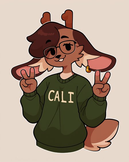 score_9_up, score_8_up, score_7_up, score_6_up, half-length portrait, small breasts, furry, female, furry female, brown hair, dot eyes,  jackalope, antlers, green topwear, green sweater, short hair, female, tail, v sign,  glasses, spats, looking at viewer, solo, earring, neutral expression, socks, three-quarter view, head tilt, simple background, white outline, <lora:Leah_Pines(AIM)_XL_v1:0.15> <lora:PDXL_artist_tags_v2_big:0.5> <lora:The-Minuscule-Task_PDXL_v1.0:0.6>  <lora:Bun_bunhearts:0.6>