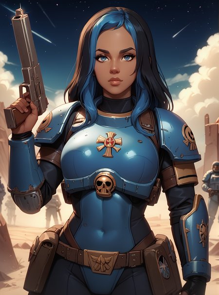 score_9, score_8_up, score_7_up, <lora:hannahpxl:0.9>, hannahpxlm, 1girl, cartoon, outline, dark skin, black hair, blue hair, long hair, space marine armor, warhammer 40k, holding gun, battlefield,