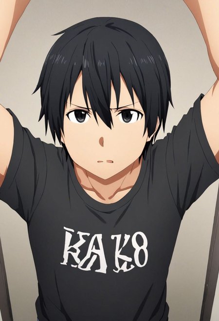 high resolution, solo, best quality, 1Boy, Kazuto Kirigaya, Black Hair, Black Eyes, kabedon POV, T-Shirt, OverallDetail