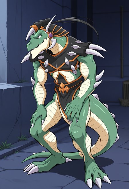 masterpiece,best quality,amazing quality, 1boy, solo, 4l1, reptile boy, green skin, black hair, black horned helmet, black chest armor, black waist armor, full body, outside,