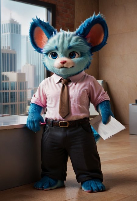 (((Barefoot furry character, full body, cinematic setting, furry male, plantigrade))) 
(((nubs_pooba))) dressed as (((businessman))), standing before (((modern glass and steel office building))), (((wearing pink shirt with brown necktie and long black pants))), stern, strict, ((arrogant))), blue fur, blue eyes, round ears, two little fangs, holds paper plates. semi-realistic animation
BREAK, intricate details, highly detailed, extreme detail, octane render, fine art, best quality, highres, (detailed face:1.5), ((full_body)), UHD, (((perfect hands))), ((low light:1.5))