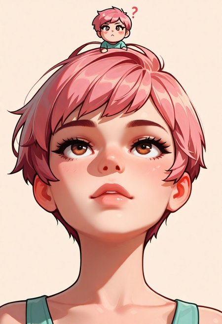 chibi, high contrast, masterpiece, best quality, amazing quality, very aesthetic, retro artstyle, realistic, promotional art, newest, volumetric lighting.
(artist:incase:0.5), (artist:tsuaii:0.5), color theory,
1girl, face,solo, straight-on, focus on face, front view, portrait, tilt head up, look up, Pixie cut, pink hair, luminescent background, simple background.