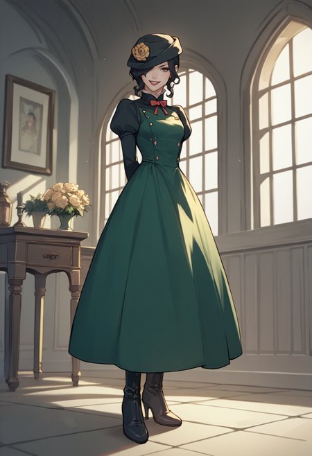 score_9, score_8_up, score_7_up, source_anime,  1girl, full body, looking at you, smile, arms behind back, <lora:zs_MayoneXL:1> mayonesh, hat, black hair, medium hair, hair over one eye, makeup, lipstick, green dress, puffy sleeves, black gloves, high heel boots, indoors