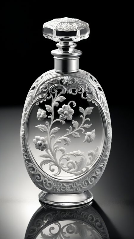 <lora:3DPrintingXL:1>,whitemold,3d printed mold,art style,greyscale,monochrome, 1vintage perfume bottle, solo, intricate stopper, swirling glass, delicate engraving, elegant curves, soft reflection, timeless beauty
