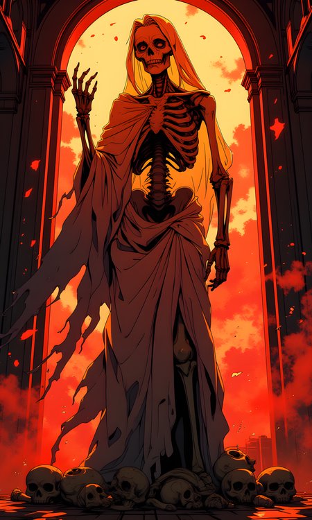 The subject is a haunting, skeletal figure draped in tattered, flowing robes. The figure's emaciated form and exposed bones give it an eerie and menacing presence.
The face of the figure is gaunt and sunken, with hollow eyes that seem to stare blankly ahead. The expression is one of lifeless emptiness, adding to the chilling atmosphere of the image.
The figure stands upright, with its arms slightly outstretched as if reaching out or gesturing. The posture is rigid and unnatural, enhancing the sense of otherworldliness.
The figure is clad in loose, tattered robes that appear to be made of a thin, almost translucent material. The fabric hangs loosely around the skeletal frame, emphasizing the figure's decayed state.
The camera angle is frontal, capturing the full height of the figure. The perspective is slightly low, looking up at the figure, which adds to its imposing and intimidating presence.
The lighting is dramatic, with a strong orange-red hue dominating the scene. The light seems to emanate from behind the figure, casting long shadows and highlighting the contours of the bones and robes. The use of light and shadow creates a stark contrast, enhancing the eerie and ominous mood.
The background is dark and indistinct, with hints of architectural elements like arches or doorways. The darkness serves to isolate the figure and draw attention to it. There are also scattered skulls and bones at the base of the figure, adding to the macabre setting.
The composition is centered on the figure, with the strong vertical lines of the figure and the background architecture leading the viewer's eye upwards. The use of color, light, and shadow creates a powerful visual impact, making the figure the undeniable focal point of the image. The overall composition is balanced yet unsettling, perfectly capturing the horror and mystery of the scene.
BREAK anime, d13s3lp2nk, bboil artist style, OBdonman, Anime art, <lora:FLUX\Anime Art V3:0.2>, <lora:FLUX\Synesthesia:0.2>, <lora:FLUX\RetroAnimeS1.1:0.5>, <lora:FLUX\Flux-jijia:0.1>, <lora:FLUX\It's a LoRA for portraits, BUT! actually specialized in backgrounds. v1.0:0.1>, <lora:FLUX\GLSHS:0.2>, <lora:FLUX\Dieselpunk Delight - s0_9 g4:0.4>, <lora:FLUX\OBdonman, anime0style portrait:0.1>