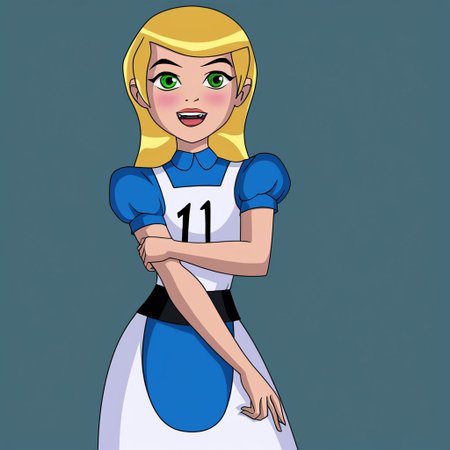 1girl ,solo,feminized, sissy trap version of ben tennyson dressed as Alice, AliceWaifu ,  green eyes, female focus,
