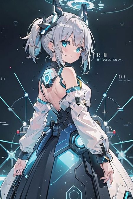 (masterpiece), (science fiction:1.4), 1girl, her back turned, smile, silver hair, aqua eyes, headgear, long sleeves, detached sleeves, glowing energy clothing, light particles