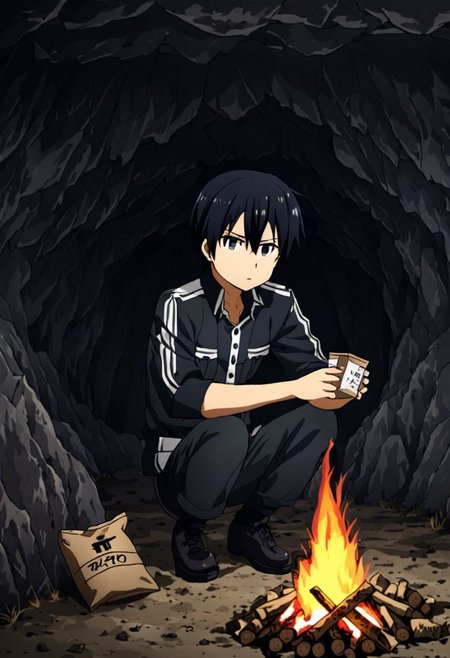 high resolution, solo, best quality, 1Boy, Kazuto Kirigaya, Black Hair, Black Eyes, cave, bunker, bonfire, field Ration, OverallDetail