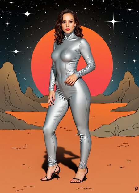 SFW, brightly lit, The image is a digital illustration of a woman standing in a desert-like landscape. She is wearing a shiny silver suit with a high neckline and long sleeves. Her e hair is styled in loose curls and she is wearing red lipstick. The woman is looking off to the side with a serious expression on her face. In the background, there are mountains and a bright orange planet. The sky is filled with stars and planets. The overall mood of the image is futuristic and sci-fi., aidmaimageupgrader<lora:flux\custom\celebrity\cheryl-burke.safetensors:1.05:1.05> <lora:turbo-8-step-flux.safetensors:0.5:0.5> <lora:flux\style\Common\aidmaImageUprader-FLUX-v0.3.safetensors:0.25:0.25>