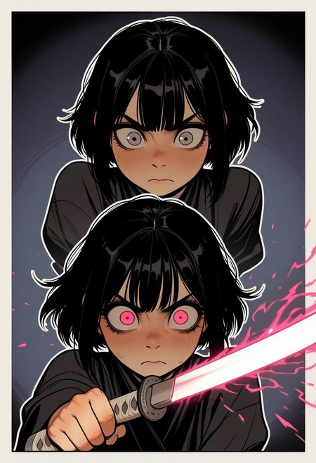 gothic_glittercore, masterpiece,best quality,amazing quality, artist: ShintAro kago, (artist: incase:0.7), male space samurai, black hair, big eyes, movement, ssword fight,
 white outline glow, chromatic aberration, high res image, high res image, high res image