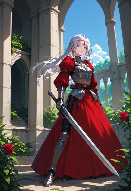 safe_pos, (score_9, score_8_up, score_7_up, score_6_up, score_5_up, score_4_up), absurdres, intricate details, 1girl, solo, hime style hair, knight, plate armor, silver armor, shiny armor, armored dress, engraved, red skirt, long skirt, red sash, circlet, holding sword, leather straps, silver hair, long hair, red eyes, breasts, slim, beautiful, calm, slight smile, outdoors, castle, medieval castle, columns, ruins, scenery, day, blue sky, garden, roses, rose bush, vines, dynamic pose, facing viewer,
