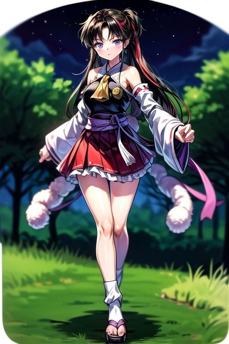 masterpiece,  best quality 1girl Setsun4 solo long hair,  (night time) forest background black hair very long hair purple eyes multicolored hair armor (fur trim) (medium body),<lora:EMS-179-EMS:0.800000>,<lora:EMS-293862-EMS:0.800000>ascot, bare shoulders, black footwear, detached sleeves, embellished costume, frills, japanese clothes, nontraditional miko, red skirt, sandals, sarashi, skirt, socks, armor, miko
