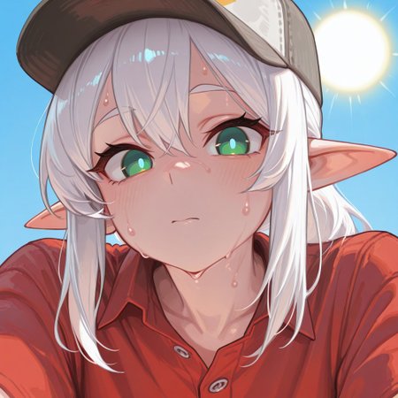 masterpiece, best quality, amazing quality, very aesthetic, absurdres, newest, usnr, Lhata4564_illu, 
1girl, solo, close up, 
White hair, sun, hot, sweat, red shirt, button up, baseball cap, 
solid circle pupils, green eyes, blue pupils,
Looking at viewer,
long pointy ears,