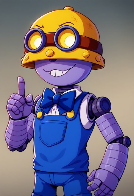 score_9_up, score_8_up, BREAK, <lora:NerdyGirlWithBuckTeeth_PXL_Leaf1:1>, gradient background,  closed mouth,  upper body, single index finger raised,  smug,bscarl , 1boy , robot , yellow headwear , goggles on headwear   covered eyes, yellow eyes  ,  solo , blue overalls, shorts , sleeveless, red bowtie, no nose,buck teeth