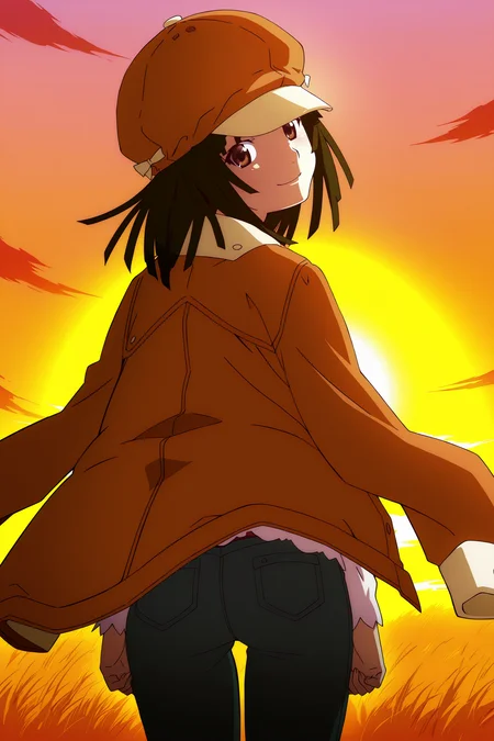 anime screencap, anime coloring, detailed face, masterpiece, best quality, very aesthetic, absurdres, volumetric lighting, official style, amazing quality, ultra detailed,  highres, amazing quality, scenery, beautiful detailed hair, beautiful detailed eyes,
<lora:StS-Illustrious-Detail-Slider-v1.0:4>
 <lora:Nadeko_Sengoku_Monogatari_Series:1>
outdoors, sunset,
Nadeko brown hat outfit, Nadeko Sengoku (character), sengoku nadeko, 1girl, solo, jacket, jacket on shoulders, cabbie hat, brown hair, pants, brown eyes, medium hair,
shaft head tilt, from behind, looking back at the viewer, smile