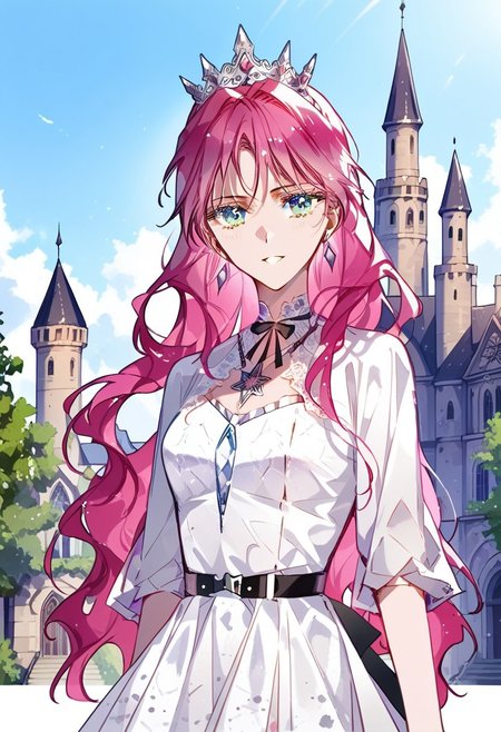 score_9, score_8_up, score_7_up, score_6_up, source webtoon, webtoon, best quality, (masterpiece), soft body, official art, [illustration], realistic, vibrant colors, saturation, detailed, detailed background, BREAK PenelopeEckhart, ice blue eyes, pink hair, long hair, medium breasts, outdoors, castle, palace, white dress, black belt, tiara, intricate details,