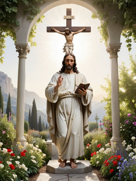score_9, score_8_up,score_7_up, score_6_up, score_5_up, score_4_up, view of dg_DougXL, saint, position like jesus on cruzifix, saint light background, garden eden, god save him<lora:dg_DougXL:0.75>