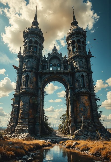 Clay attack from Outer space, A colorful giant Clay abyss floating in outer space, bowing down to viewer, with two dark towering modern-medieval clay towers standing side by side, reaching into the high clouds, connected by a bridge of some sort.  Incorporate modern elements and windows into their design.