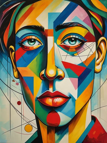 award winning abstract portrait, 

Create a new style of art, one that merges the distinctive aesthetic styles of Wassily Kandinsky and Pablo Picasso,
