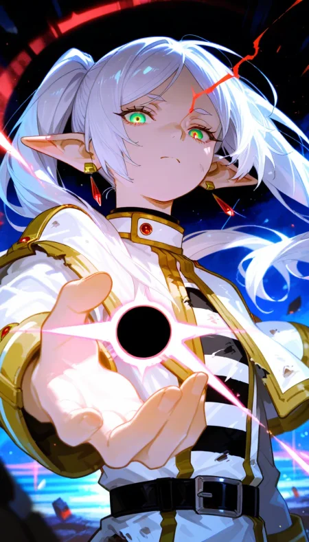 (masterpiece, best quality), amazing quality, very aesthetic, absurdres, highres, newest, HDR, 8K, high detail RAW color art, intricate details, high contrast, detailed background, large pupil, eyelashes, shiny skin, dak depth, low kye,
1girl, frieren,\(sousou no frieren\), green eyes, (eye trail:1.2), light ray, white hair, long hair, twintails, pointy ears, earrings, white capelet, striped shirt, long sleeves, belt, Dirty or torn clothing, Injury, one eye bleeding, reaching towards viewer, intense energy wave motion, A black hole, a blade of light, super-compressed in the palm of your hand, Ultra highly compressed black hole, blade of light, upper body, floating body, float, hollow, three-quarter view, dutch angle, foreshortening, looking at viewer, (prism), (schein flare), underlighting, dynamic pose, serious expression, closed mouth, energy wave, to many sparkle effect, (sparkle), (bluish-white flash), (battle effec), debris dancing violently, bloom effect, depth field, dappled light, broken effect, <lora:748cmSDXL:0.6>, <lora:薄塗り:0.45>, <lora:ponyv5_noobV065S_1:1>, <lora:spo_sdxl_10ep_4k:0.6>, <lora:GBF_Illustrious:0.4>, <lora:MeMaXL4:0.8>