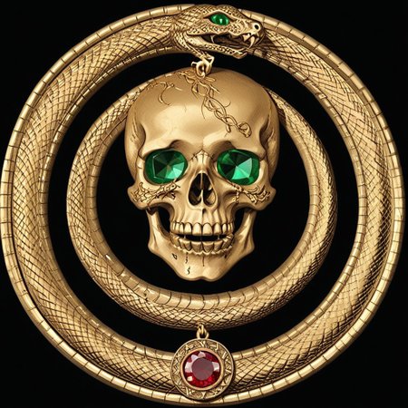 Black and gold medallion, a skull and crossbones symbol in the center of the medallion, skull_graphics,  a black ouroboros on the outer edge of the medallion. the boarder around the medallion is a snake eating its tail, intricate engraved black background+, very detailed, high resolution. Red Rubies are used for the skull eyes. A green emerald is used for the snake’s eye.