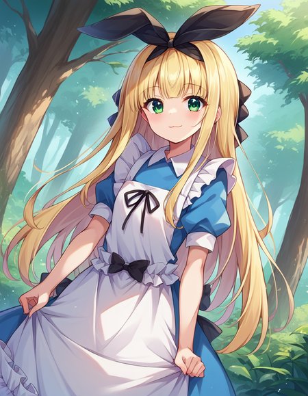 score_9, score_8_up, score_7_up, source_anime,
alicemononobe, <lora:alice-mononobe-ponyxl-lora-nochekaiser:1>
alice mononobe, animal ears, black hairband, blonde hair, bow, bow hairband, fake animal ears, green eyes, hairband, long hair, very long hair,
apron, blue dress, collared dress, dress, frilled dress, frills, white apron,
outdoors, forest, smile,
looking at viewer, cowboy shot, dutch angle, solo,