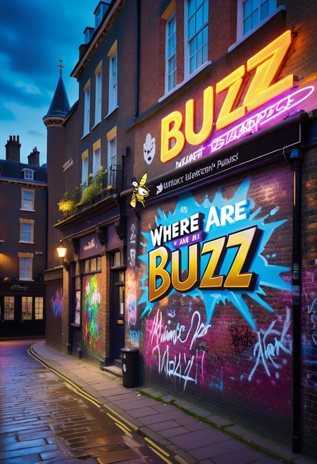 logo,text,sign that says,("where are buzz?":1.4), outdoors, rich, wall, street, shops, beautiful view, river, palace, stately home, elegant, fantasy, garden, graffiti, typical London brick walls, neon paint, neon graffiti, surreal, punk, skiing -fi, dramatic lighting,  cinematic, atmospheric, intricate detail, extreme detail, UHD, 8k, masterpiece