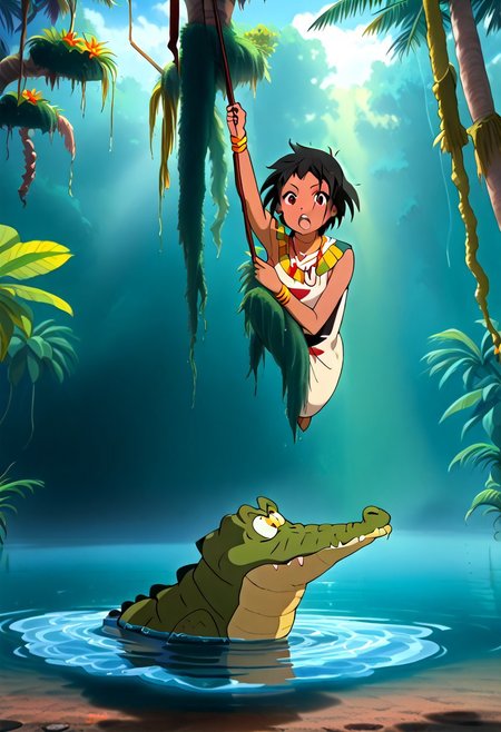 Tick tock crocodile,male animal focus,tail, crocodile open large mouth ,green skin, blue eyes, Tick Tock the crocodile is giant and very huge size,teeth, swimming in water,partially submerged,Tick Tock the crocodile looking us.
Choi_mochimazzi sitting on the crocodile head.
Base - choim, short hair, black hair, red eyes, dark-skinned female,purple eyes,
Base Outfit - dress, jewelry, dark skin, necklace, bracelet, wristband,open mouth,river,palm trees, jungle tropical, Disney,manga,anime