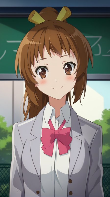 score_9,score_8_up,masterpiece,best quality,correct anatomy,anime_source,1girl,solo,perfect eyes,perfect arms,perfect legs,perfect face,outdoors,upper body,(portrait:1.5),looking at viewer,facing viewer,smile,blush,Kurei Tamao,long hair,brown hair,ponytail,hair ribbon,yellow ribbon,sidelocks,bangs,brown eyes,school uniform,grey jacket,Blazer,pink bowtie,white shirt,collared shirt,long sleeves,medium breasts,grey skirt,miniskirt,pleated skirt,plaid skirt,thighs,black socks,loafers,brown footwear,<lora:Kurei Tamao(hns)-Pony:1.6>,