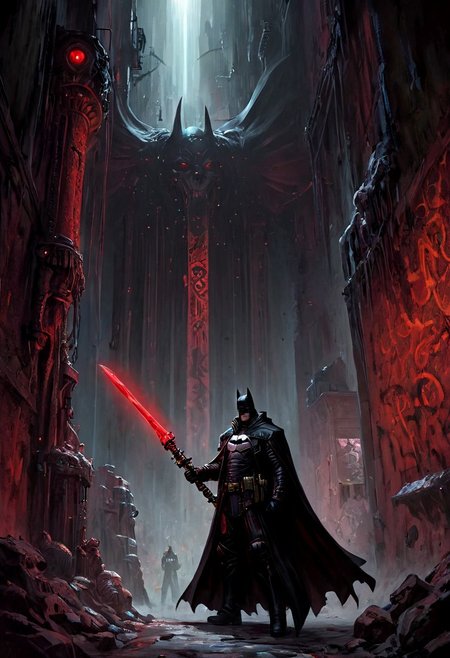 1man, solo, he is a mix of nqstrman and batman in a black and red outfit holding a sword stands in the shadowy underbelly of a hive city, his long coat billowing as he examines xenos artifacts hidden in a dimly lit alley. The grimy walls are covered in graffiti venerating forbidden gods, and his gaze is stern, his hand resting on the hilt of a power sword, ready to dispense the Emperor's justice, apxlz