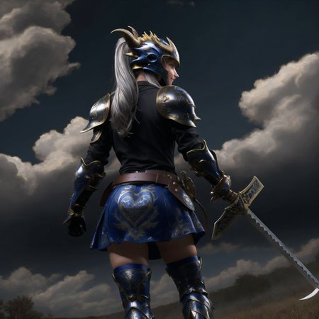 <lora:porcelain_gzhel_black:1.0>, (black  porcelain, Gzhel, rococo:1.0),  


ass, belt, blue eyes, boots, dragon, elbow gloves, from below, full armor, gloves, heart, helmet, knee boots, kneepits, looking back, monster, ponytail, short hair, silver hair, skirt, sky, smile, sword, weapon, wyvern