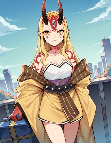score_9, score_8_up, score_7_up, source_anime, <lora:fgo-ibaraki-douji-ponyxl-lora-nochekaiser:1>, ibaraki douji, blonde hair, facial mark, fang, forehead, horns, long hair, oni, oni horns, pointy ears, yellow eyes,, earrings, japanese clothes, jewelry, kimono, leg tattoo, neck tattoo, oni, oni horns, shoulder tattoo, tattoo, yellow kimono,, train station, waiting for train, suitcase, traveling, commute, city skyline, hands behind back,, , looking at viewer, arm bent at elbow, solo,, cowboy shot, dutch angle