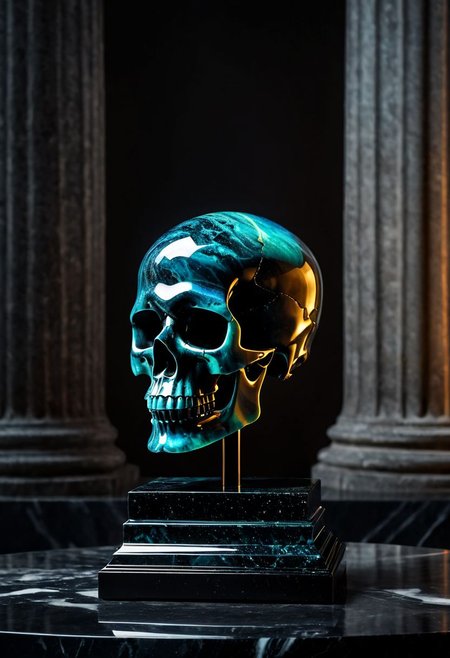 Fujifilm XT3, Sony A7 IV, (award winning photography) a black marble skull made of opal set on a pedestal in temple, glistening. in the background beautiful pillars, divine (iridescent: 0.79), opalescent textures, volumetric light, ethereal, sparkling, studio photo, highly detailed, sharp focus (highest quality: 1.39) (highest coherency: 1.39) (award winning photography), highly detailed photography, (muted colors, cinematic, dim colors, soothing tones:1.2), vibrant, insanely detailed, hyperdetailed, (dark shot:1.2), (vsco:0.3), (intricate details:0.9), (hdr, hyperdetailed:1.2) (vignette), sss